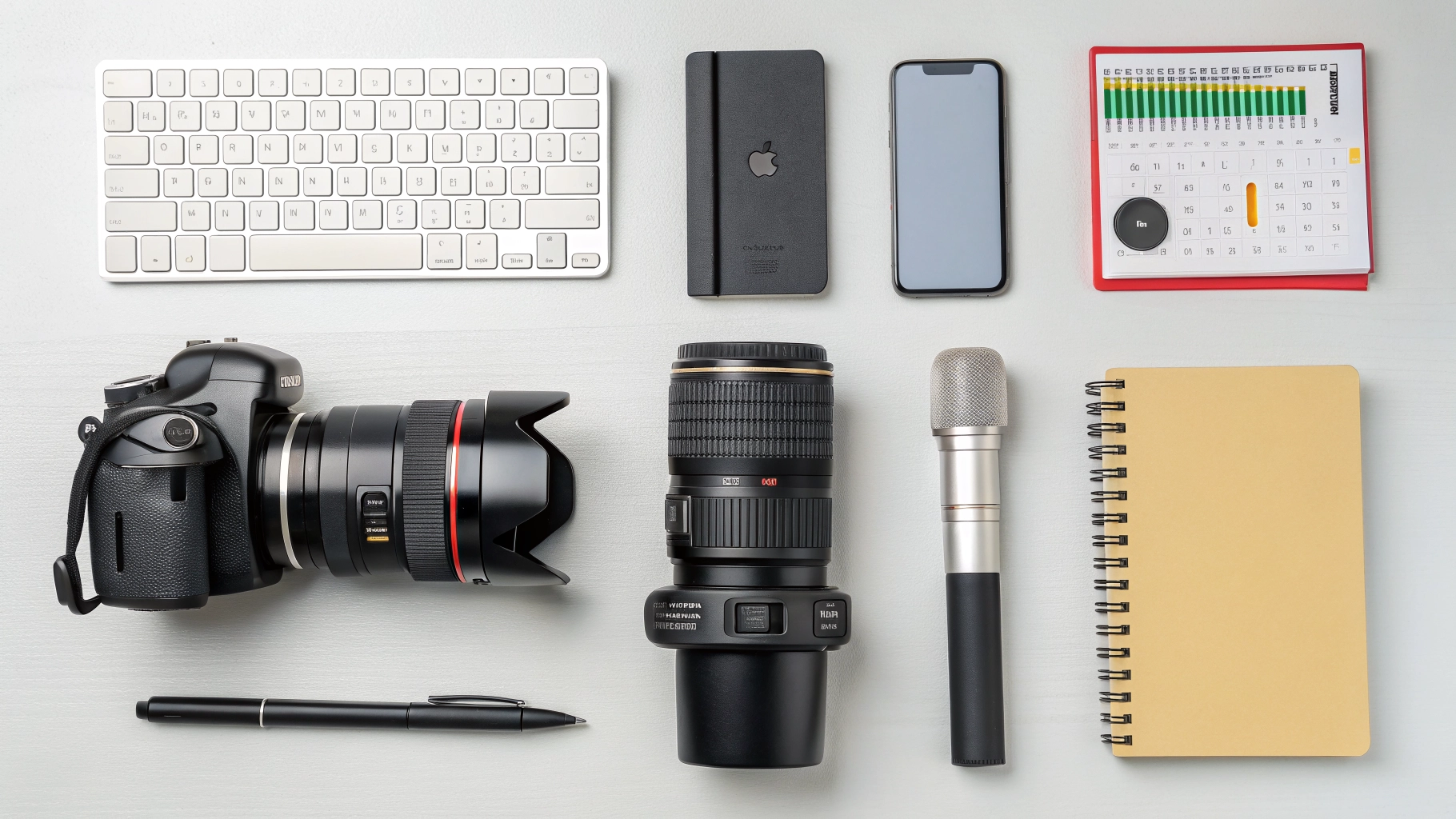 Content creation tools like a camera and microphone on a desk.